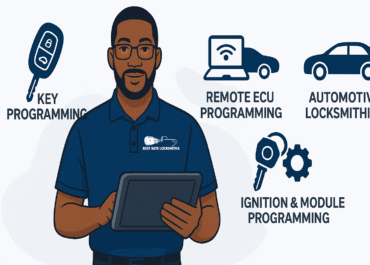 Best Rate Locksmiths white and blue mobile locksmith van with company logo and WhatsApp contact (929-269-5625) parked on a New York City street