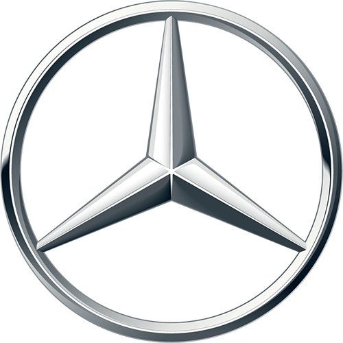 Mercedes-Benz three-pointed star in a circle logo, silver chrome finish symbolizing dominance of land, sea, and air